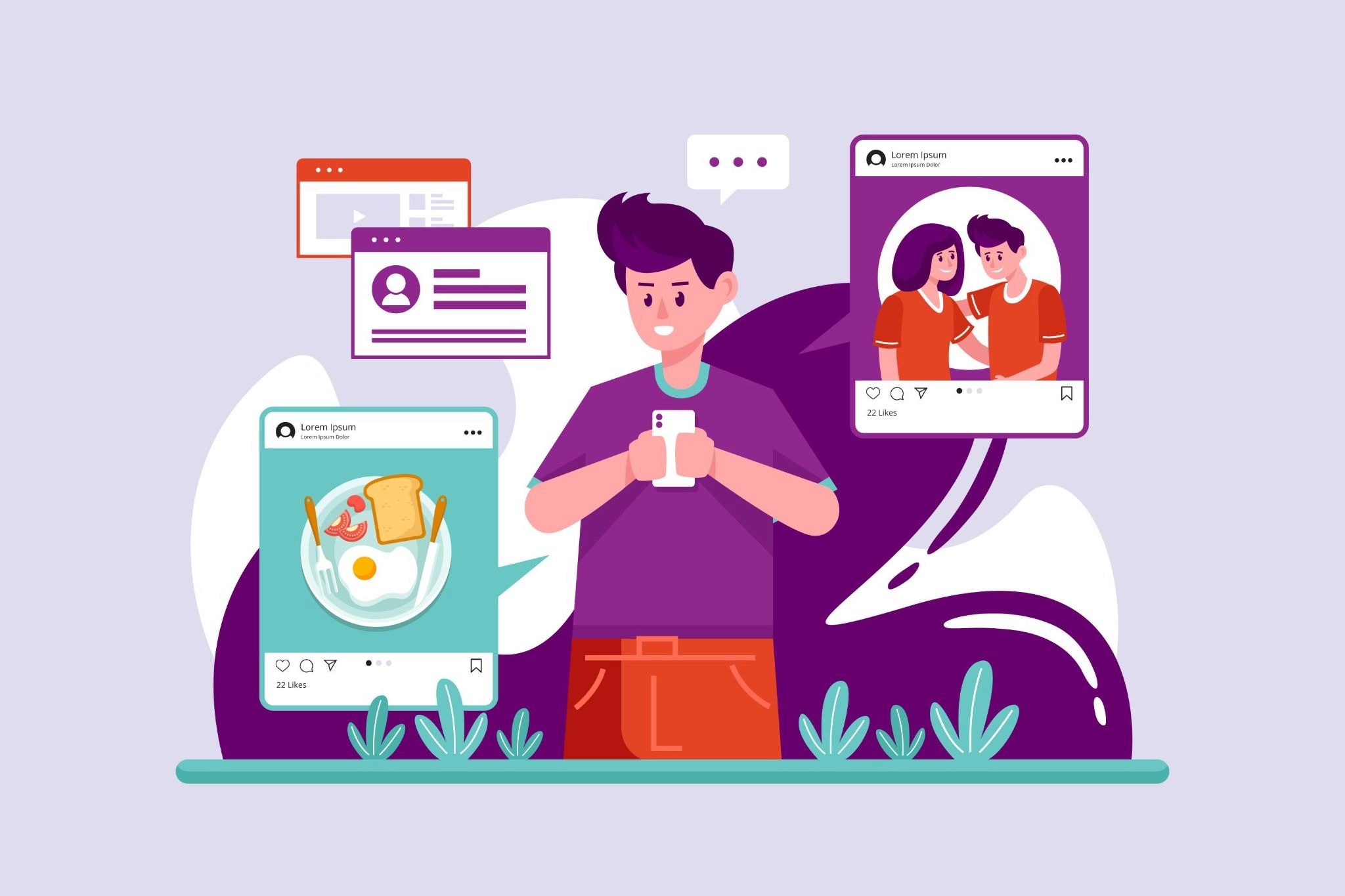 Illustration of a person scrolling a phone surrounded by social media posts and a creator profile