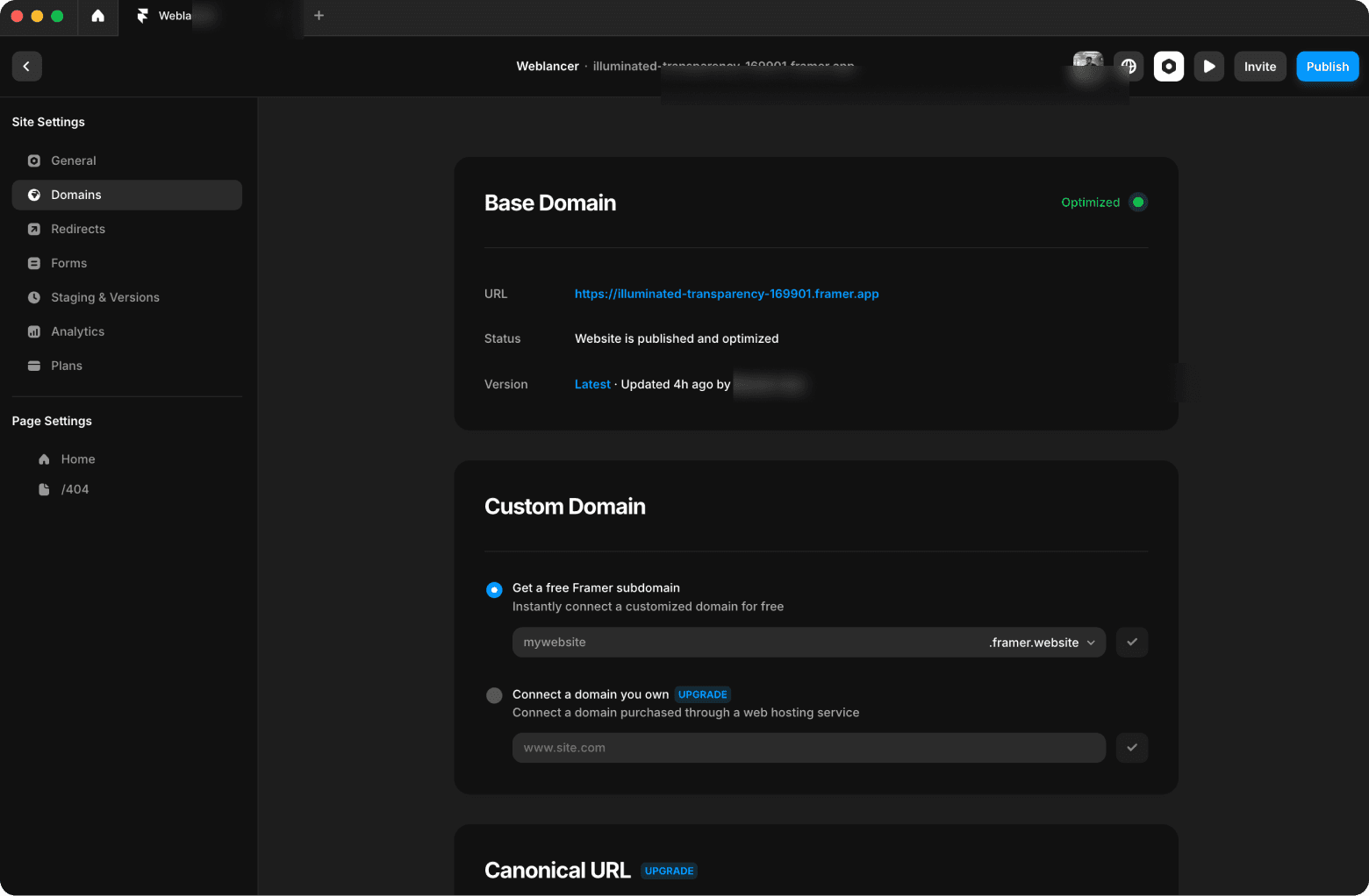 Framer website settings dashboard showing domain connection options