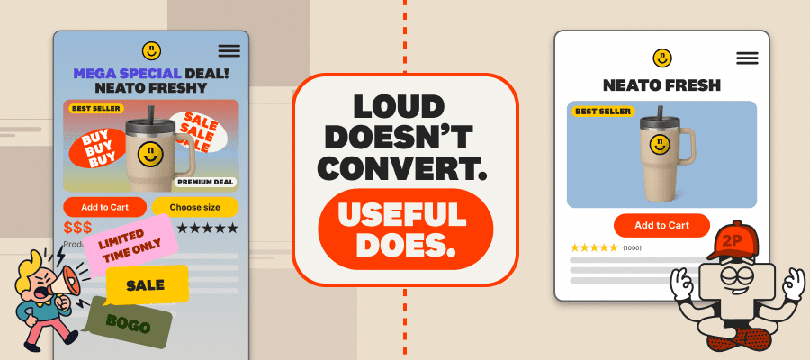 Comparison of a loud, promotion-heavy product page versus a clean, useful ecommerce design emphasizing clarity and conversion.
