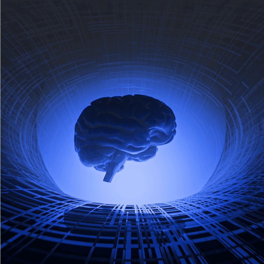 A glowing blue brain illuminated against a dark background, suggesting themes of technology and intelligence.