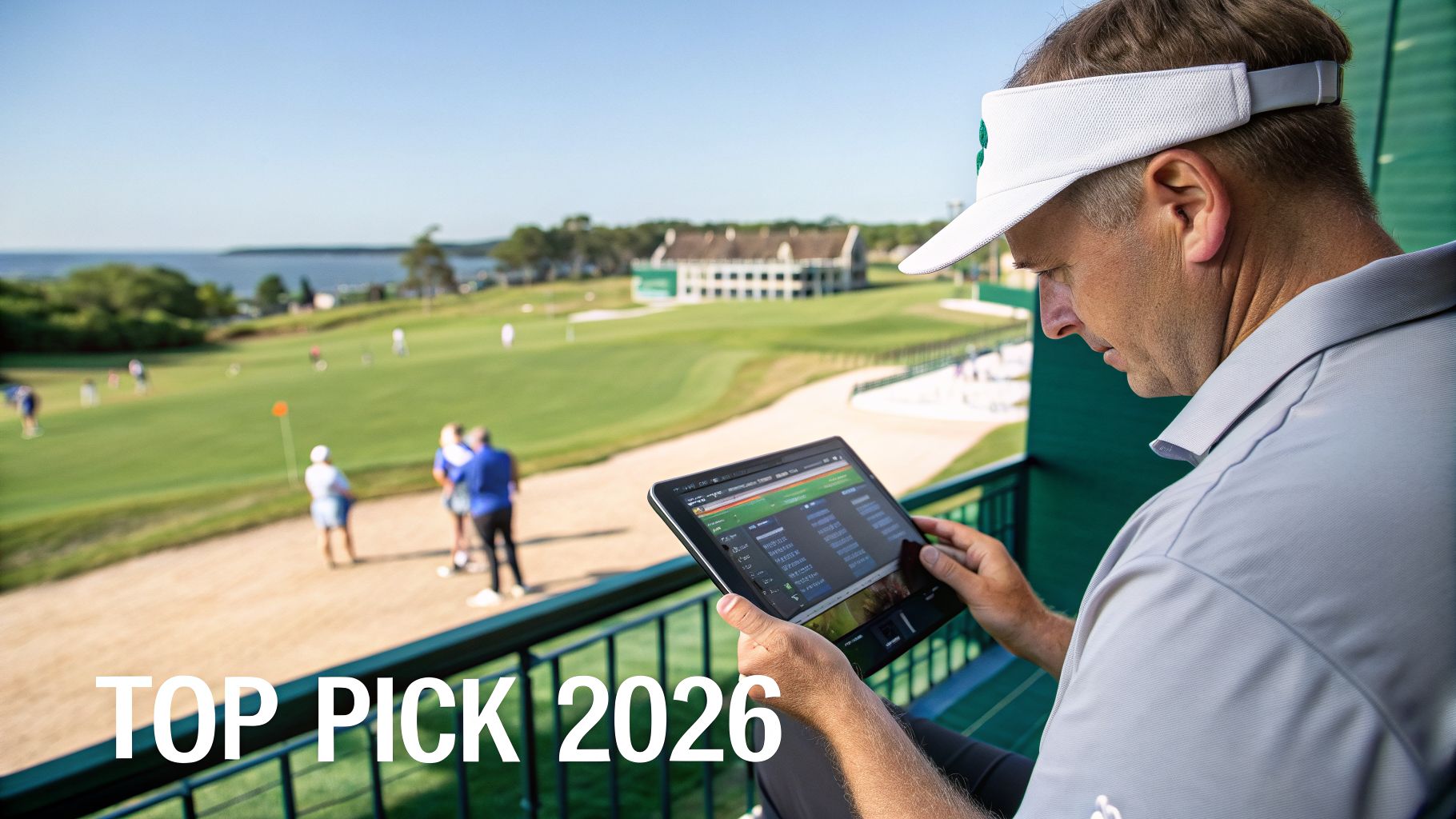 Man on balcony uses a tablet to view golf course management software, overlooking a scenic course.