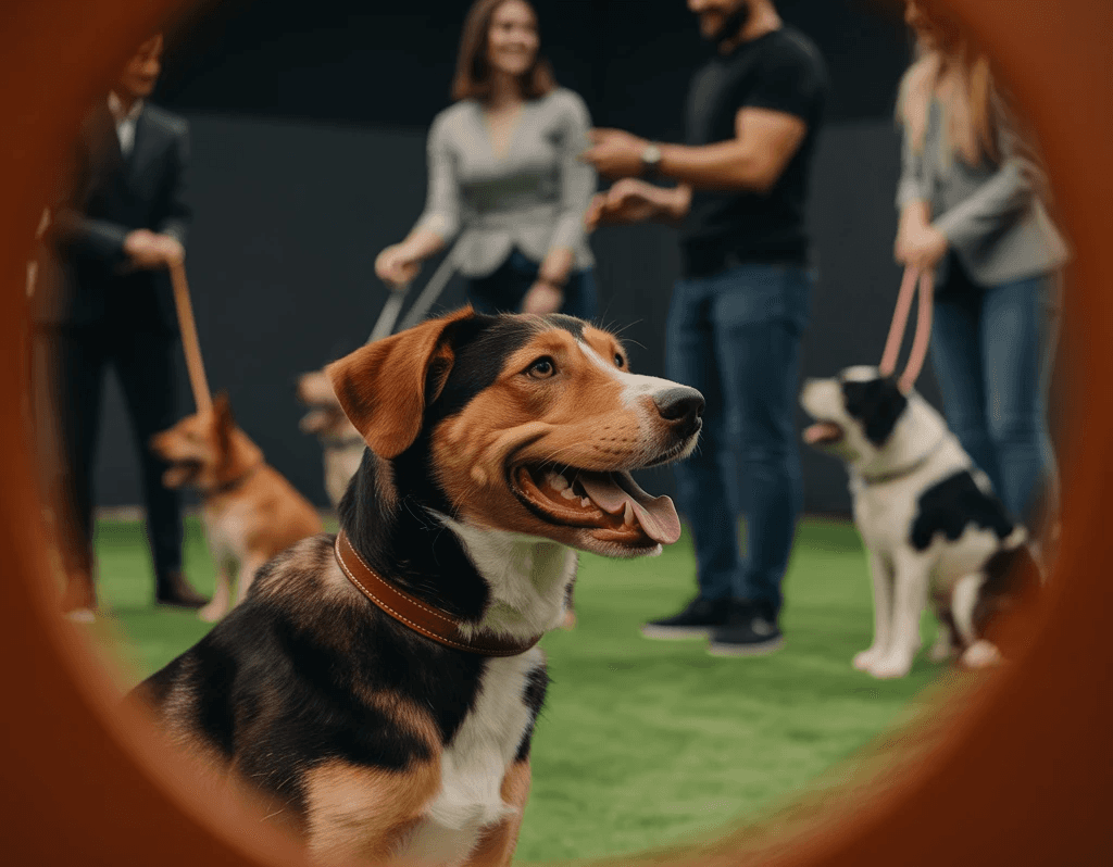 In the foreground is a happy, relaxed dog being trained, whilst the trainer, other owners & other dogs are in the background (out of focus).