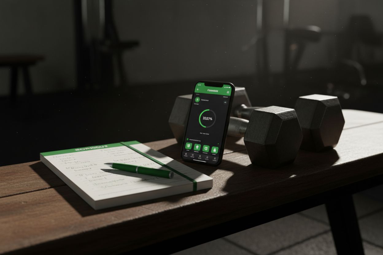 A notebook and smartphone beside dumbbells on a bench