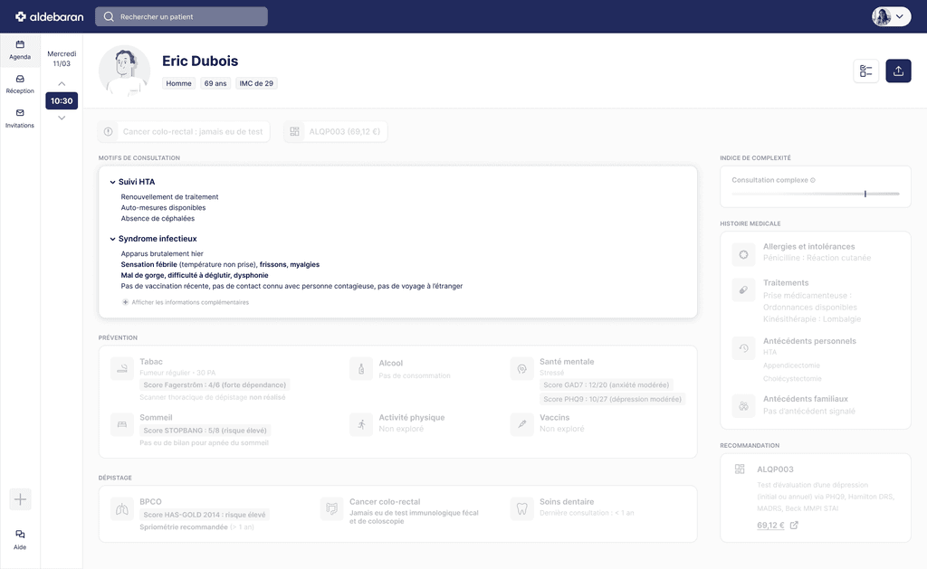 Questionnaires médicaux intelligents adaptés à la médecine générale Tableau de bord médical avec synthèses patients générées par IA Outils de prévention et dépistage intégrés à la pré-consultation médicale