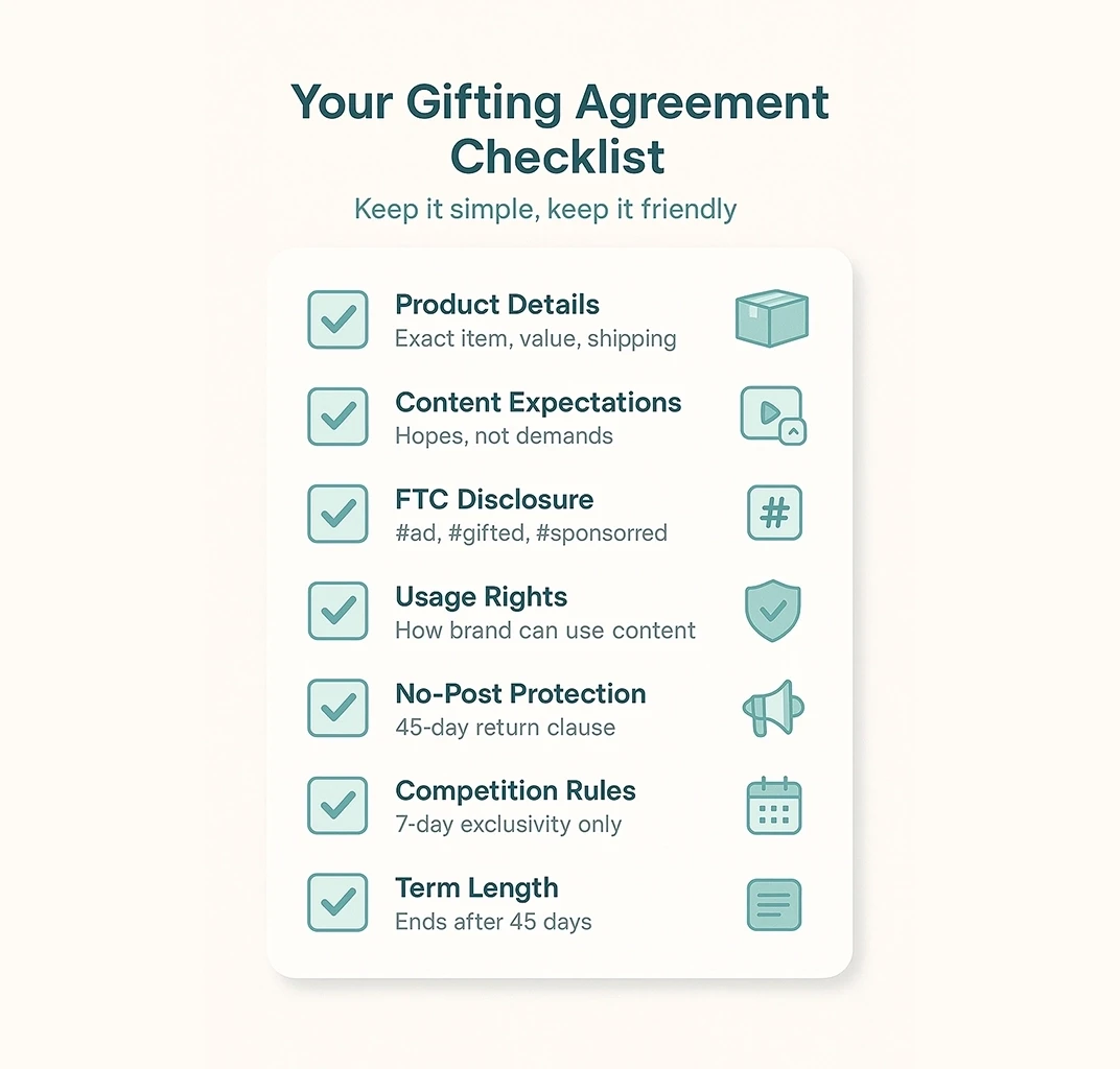 White card with teal icons and checkmarks listing seven agreement points: product details (exact item, value, shipping), content expectations (hopes not demands), FTC disclosure (#ad, #gifted, #sponsored), usage rights (how brand can use content), no-post protection (45-day return clause), competition rules (7-day exclusivity), and term length (ends after 45 days).