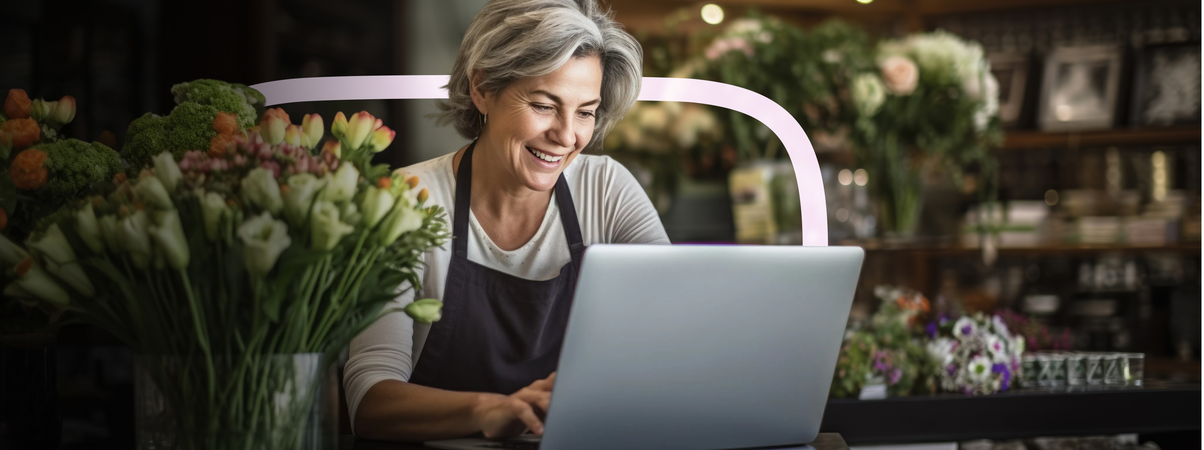 Fleuriste souriante gérant son administratif sur ordinateur dans sa boutique