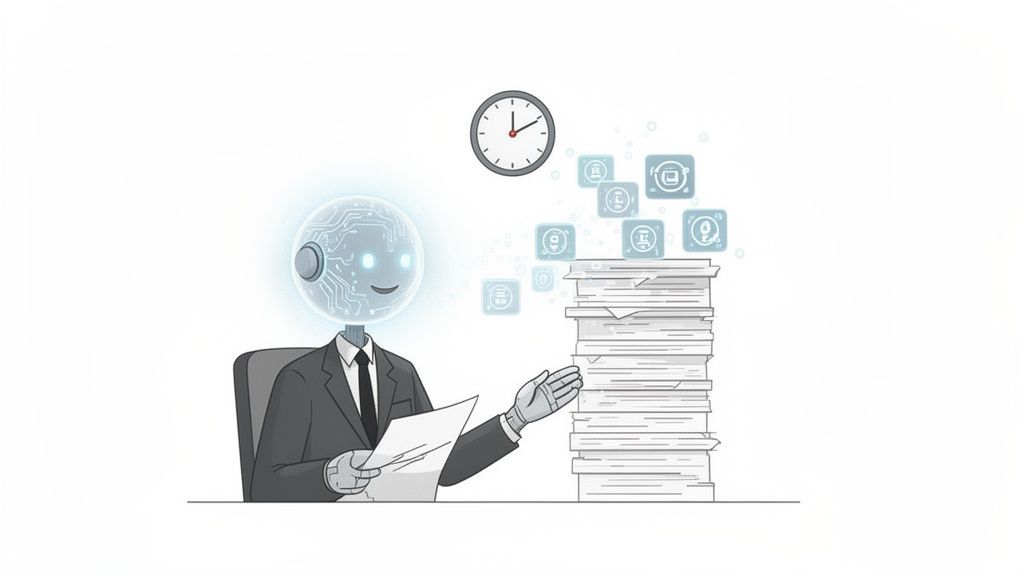 An AI robot in a suit sits at a desk, efficiently processing documents with task icons and a clock.