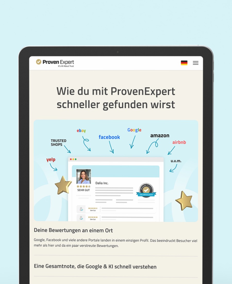 Tablet mockup of the "Wie du mit ProvenExpert schneller gefunden wirst" section with external review platform logos.