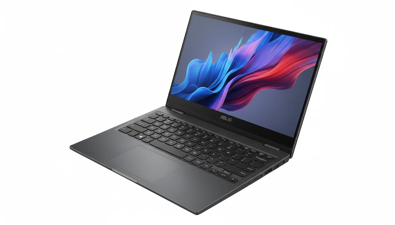 DSLR high-angle product photograph of an open ASUS Zenbook Pro Duo laptop, isolated against a pure white background. The laptop, featuring a dark gray matte aluminum chassis, is illuminated by soft studio lighting. Its signature dual-screen is prominent, with the lower screen tilted up above the keyboard. Both OLED screens display a vibrant, abstract wallpaper with colorful, fluid swirls of blue, purple, and red light. The entire device is in tack-sharp focus, highlighting the crisp keyboard lettering and metallic texture.