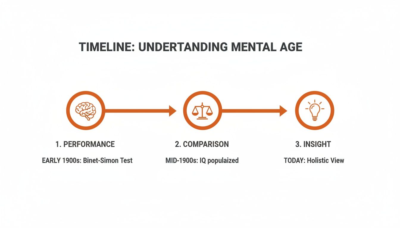 Timeline illustrating the evolution of understanding mental age, from early performance tests to a holistic view.