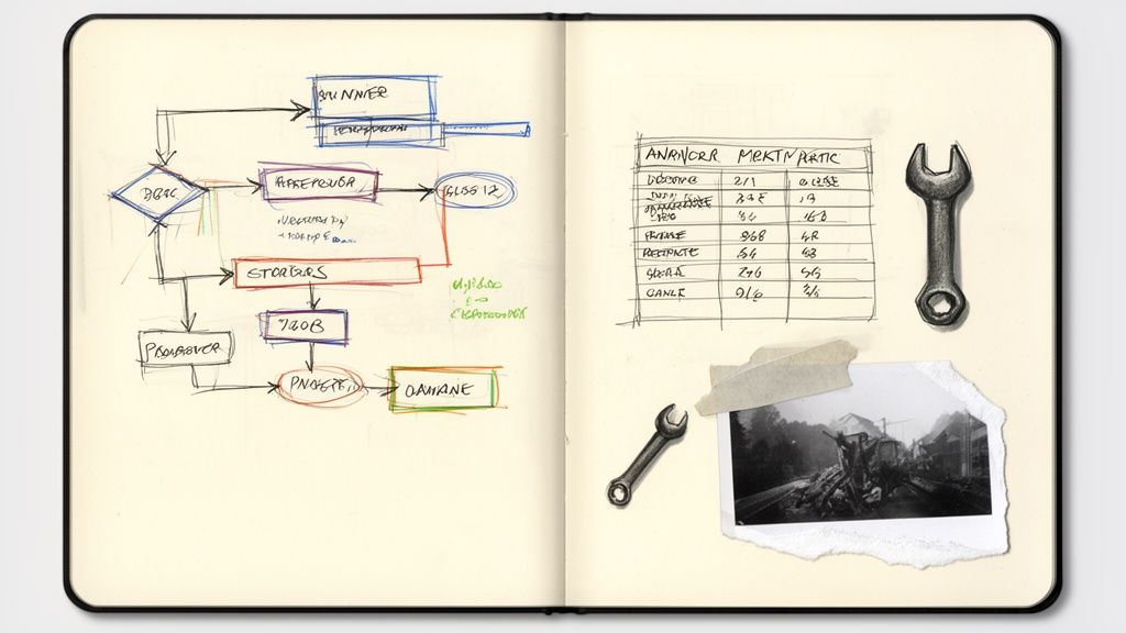 An open notebook with a hand-drawn flowchart, data table, wrench drawing, and a torn photo.