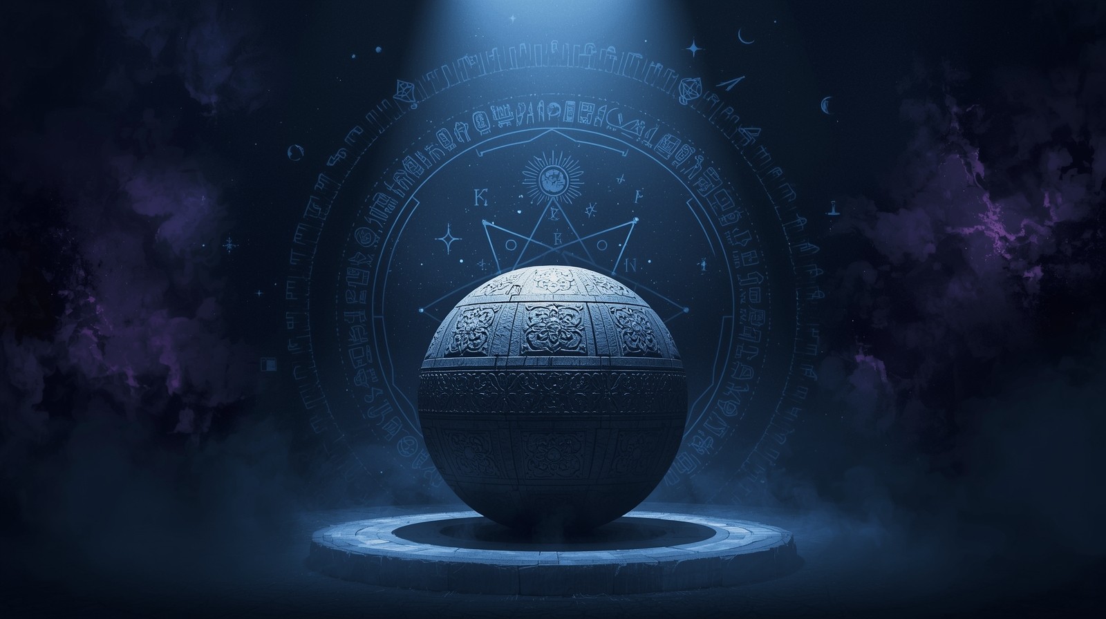 Symbolic cinematic composition showing a large stone sphere with intricate carvings surrounded by abstract icons