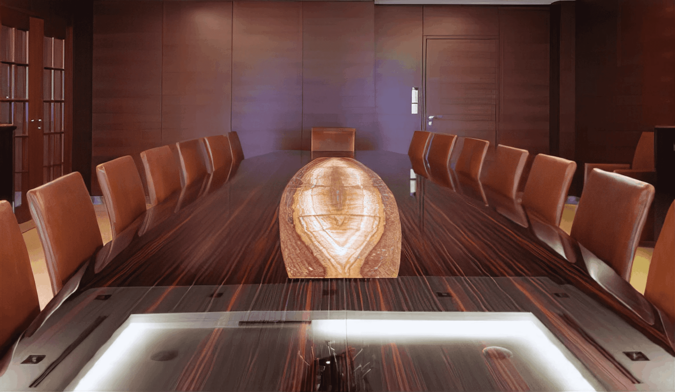 MW Interior  - Boardroom mit Makassar-Konferenztisch, Onyx-Einlage und Leder-Konferenzstühlen" Der symmetrisch angelegte Konferenzraum fasst rund 16 Personen an einem langen Tisch aus Makassar-Furnier mit einer ovalen Onyx-Einlage in der Tischmitte. Die Wände sind vollflächig mit rotbraunem Holz vertäfelt, die Decke öffnet sich zu einem beleuchteten Oberlicht. Ein skulpturaler Kronleuchter aus dunklem Metall und Kristallelementen schließt den Raum nach oben ab.