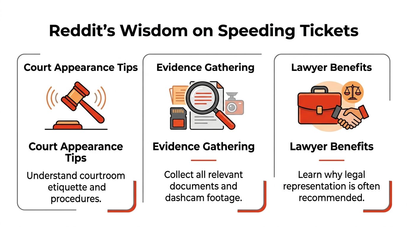 An infographic titled Reddit's Wisdom on Speeding Tickets, highlighting tips for court, evidence gathering, and hiring lawyers.