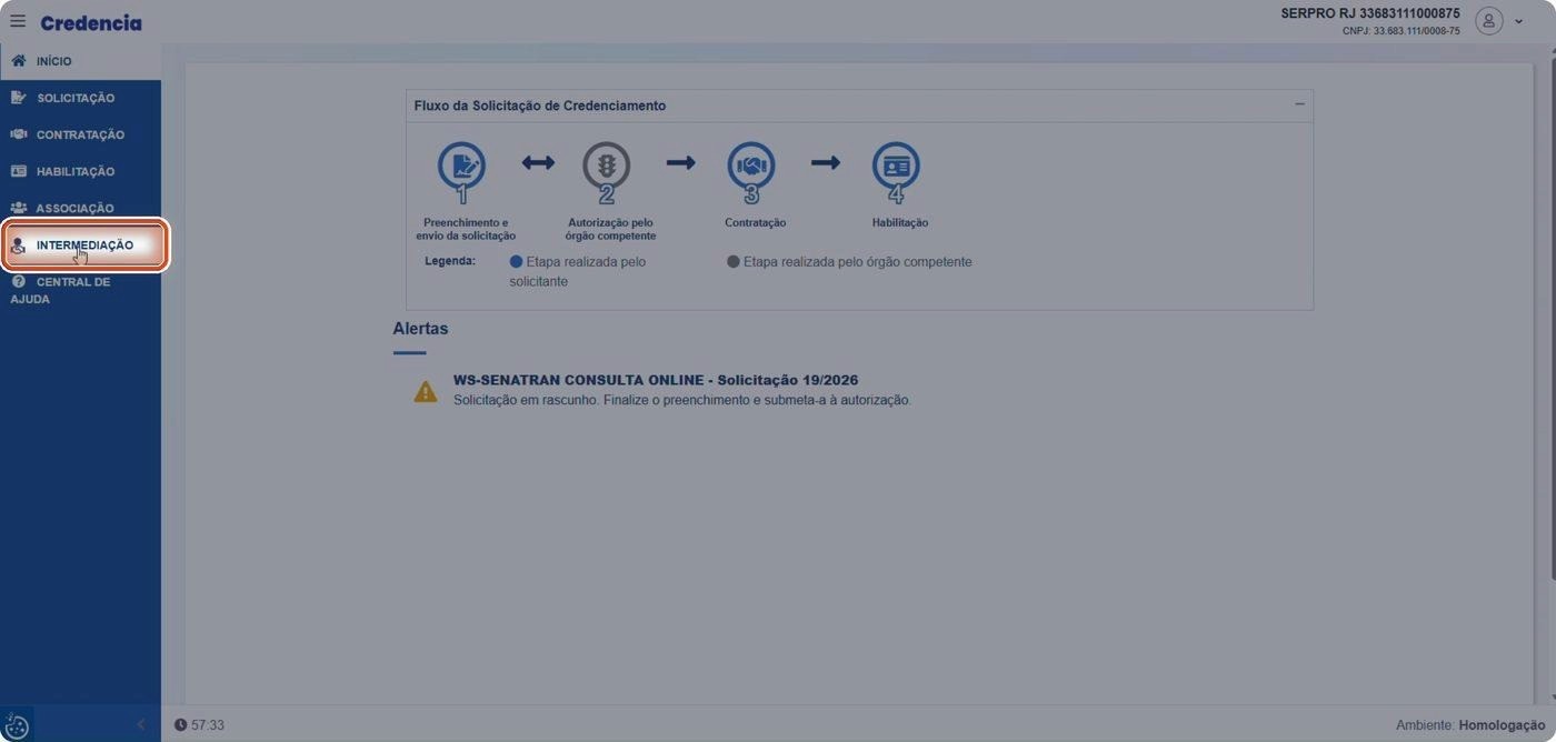 Captura de tela de referência do Credencia para Passo 1 — Abrir o menu Intermediação. Contexto: 26 — Gerenciar Anuentes.
