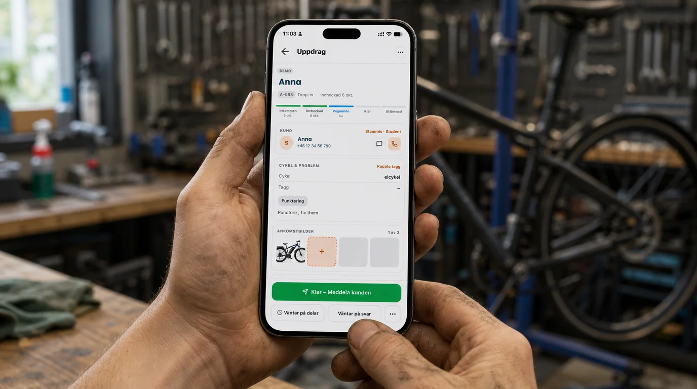 A mechanic with greasy hands holds a phone showing a Cykelworkshop job card with a large green Done, notify the customer button