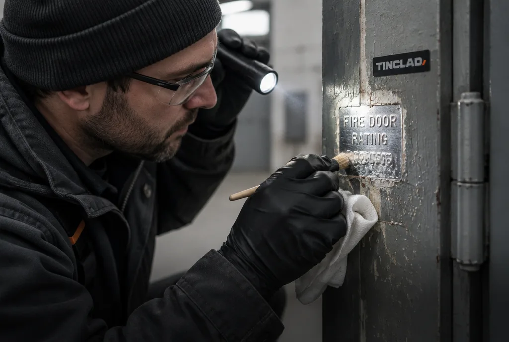 Technician cleaning paint off a fire door's rating label.