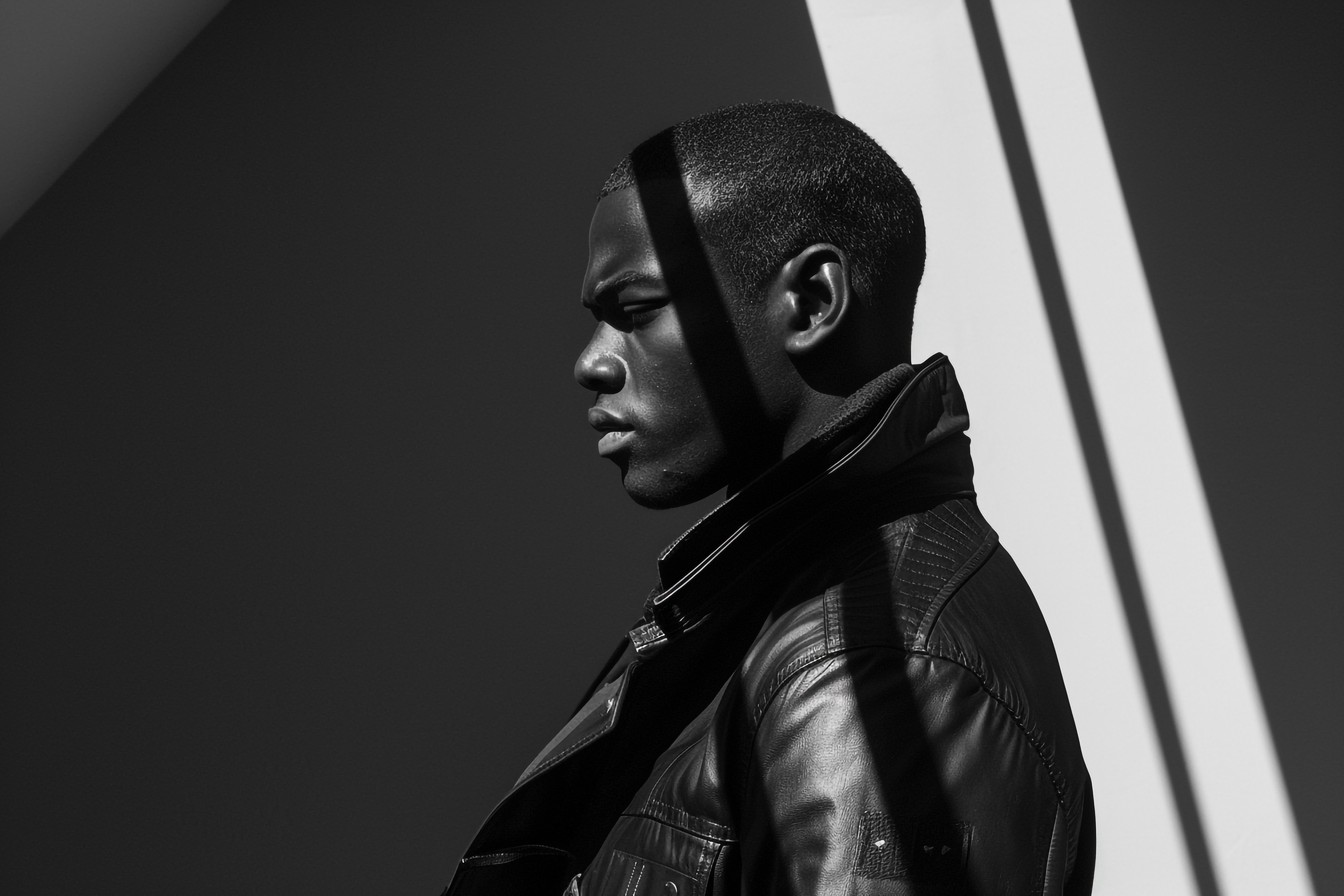 African American Fashion Model in Cloth Infused Outfit Black and White Lifestyle portrait