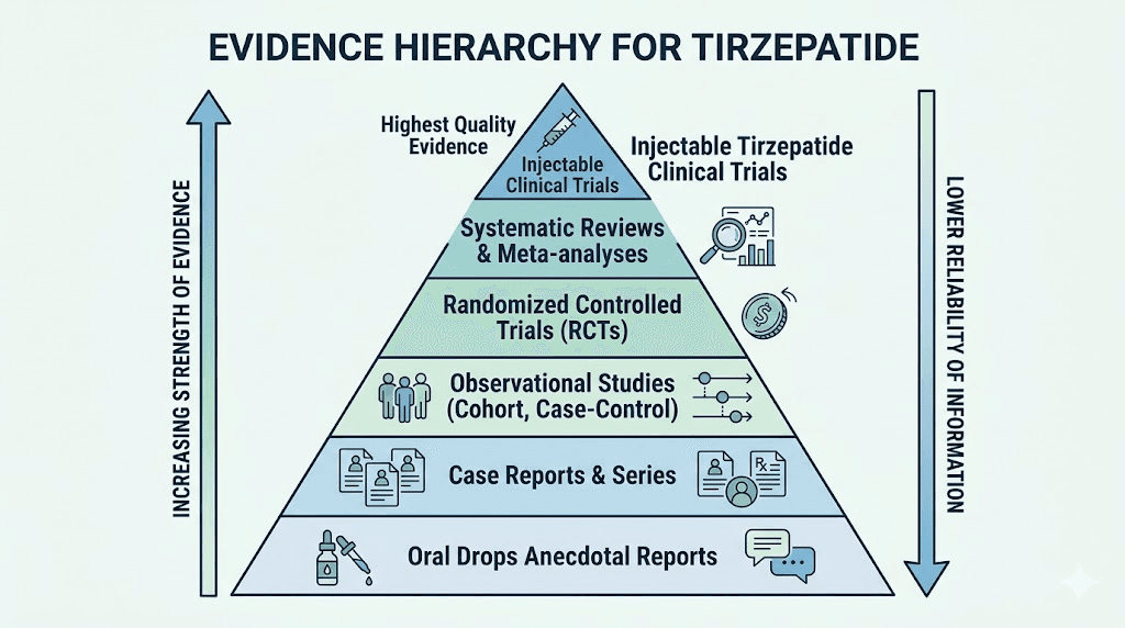 Evidence hierarchy comparing injectable tirzepatide clinical data versus oral drops anecdotal reviews
