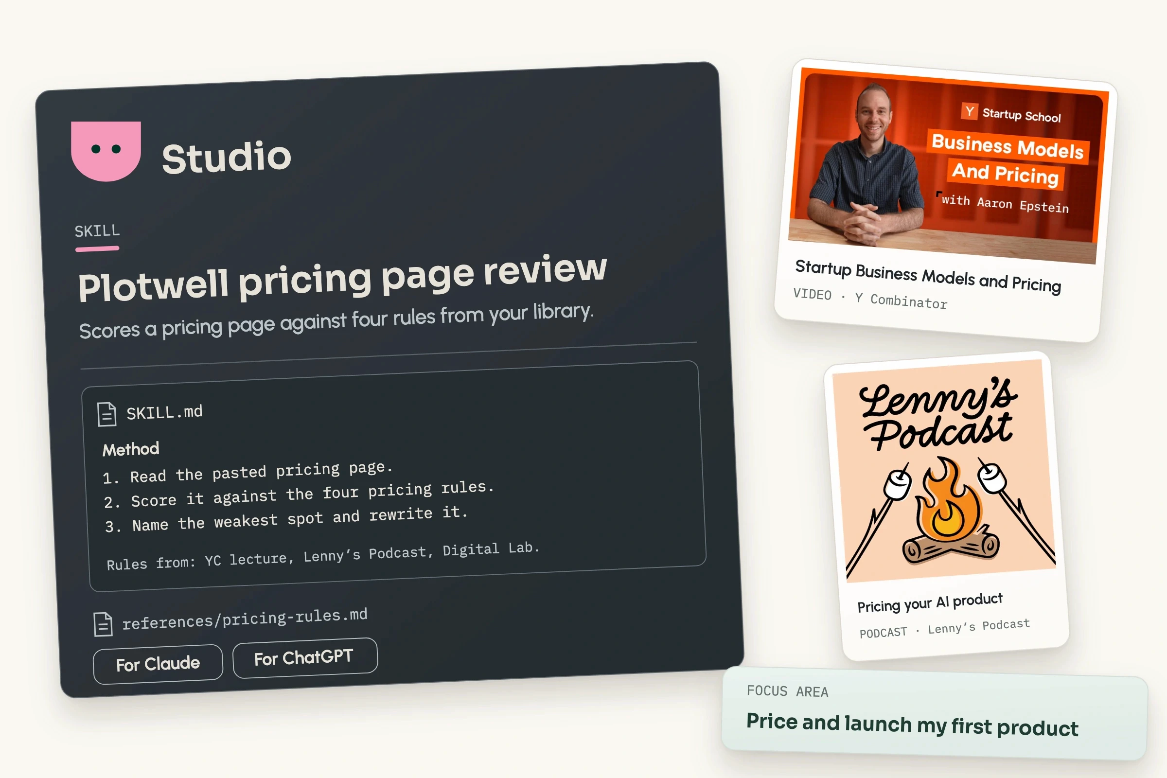 A skill made from pricing resources that reviews a pricing page, ready to set up in Claude or ChatGPT