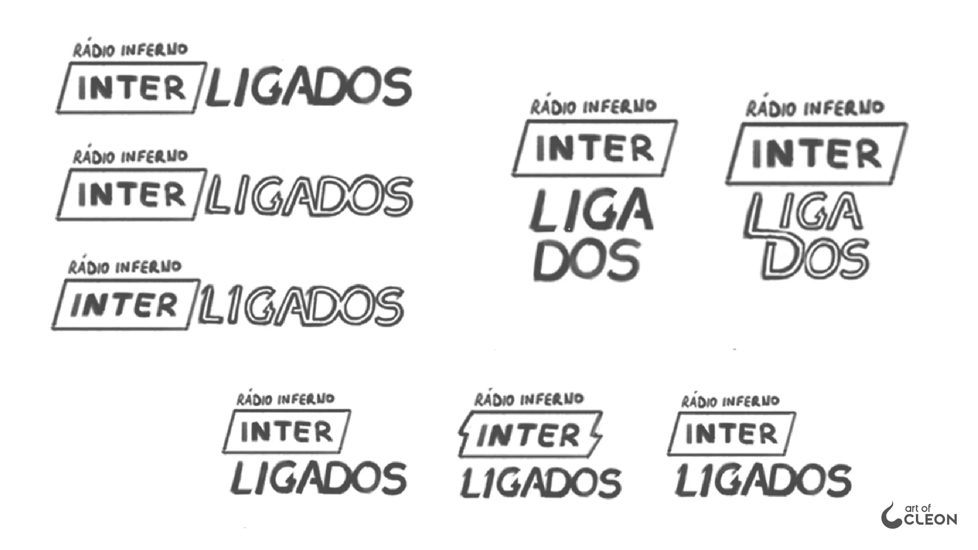 Eight black-and-white wordmark studies explore horizontal and stacked arrangements of INTER and LIGADOS, with outlined lettering and an inclined frame around INTER.