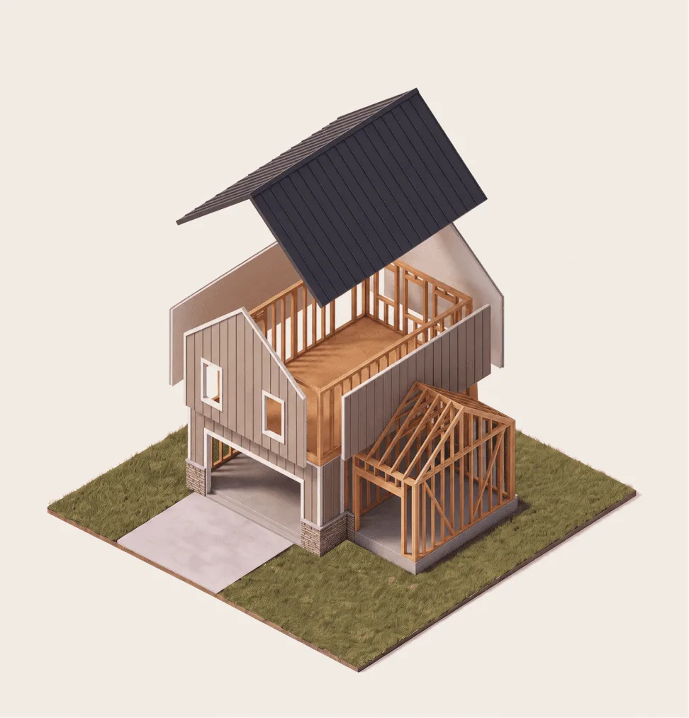 Miniature cutaway model of a house mid-construction, roof lifted to reveal the exposed wood frame with no interior finishes yet.