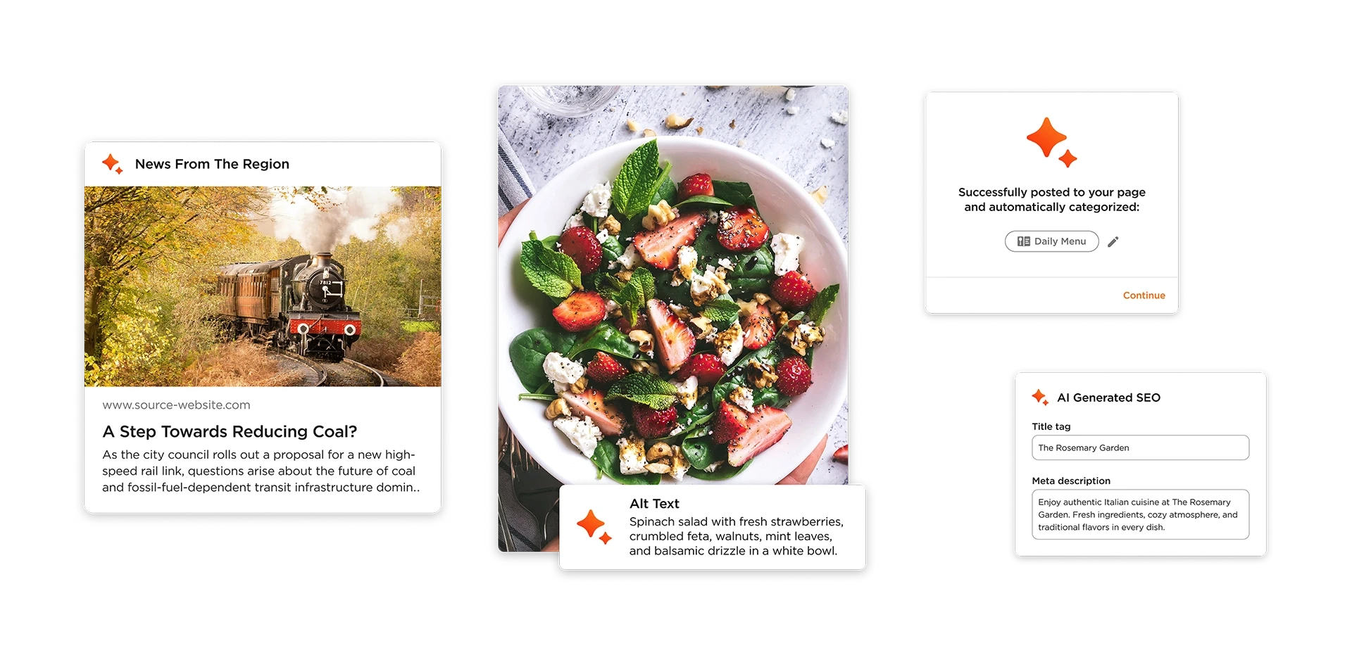 Floating cards with UI elements containing AI features.