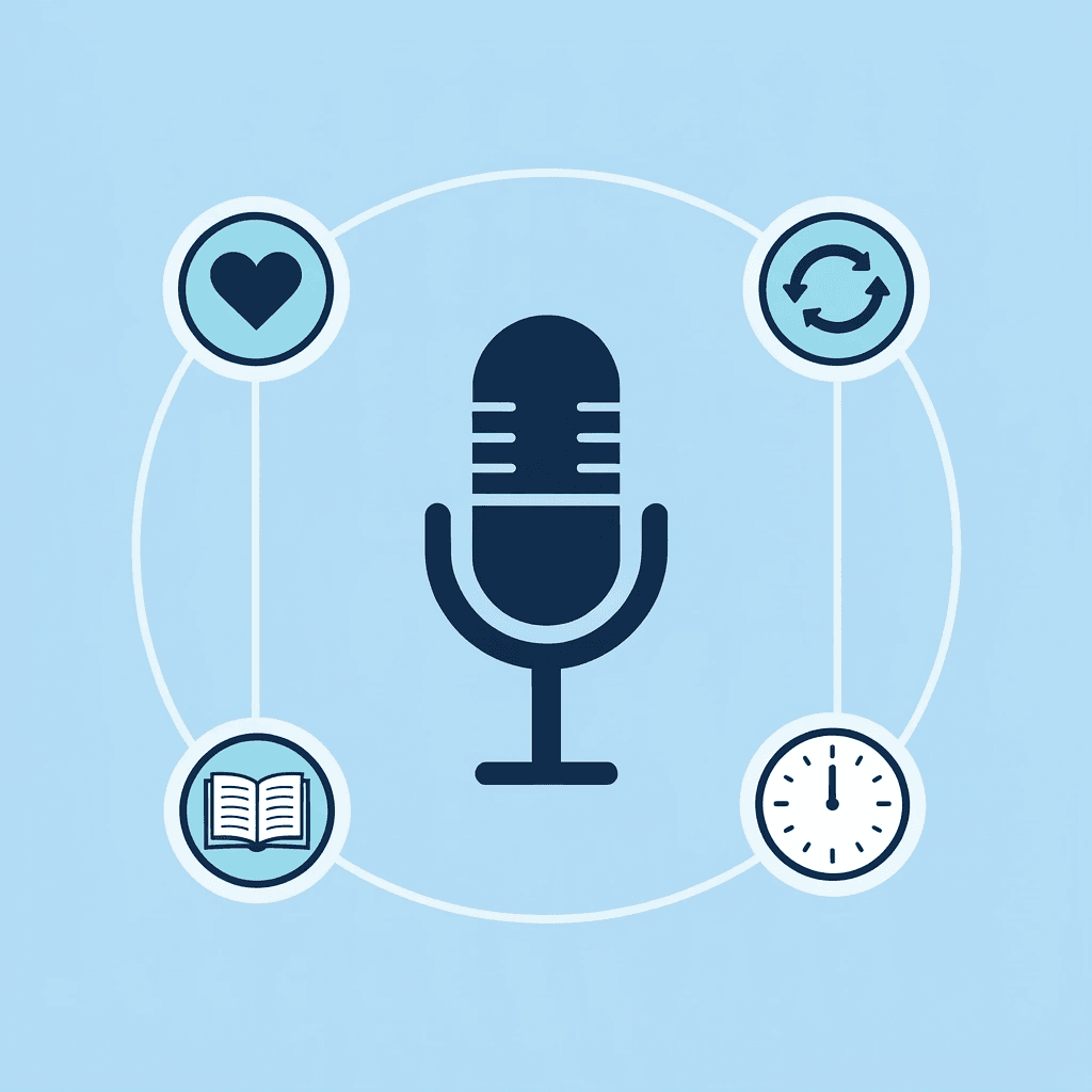 Central singing icon connected to three surrounding concepts: transitions, learning challenges, and emotional shifts