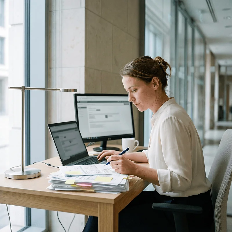 Hotel sales employee at her desk, working through a large stack of printed enquiries