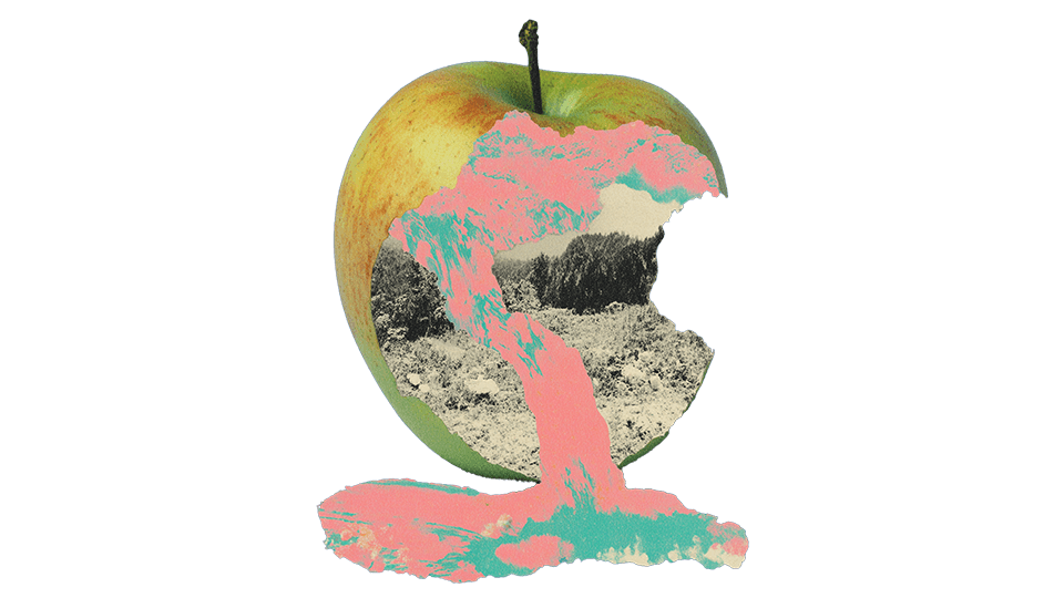 Conceptual digital collage of an apple with a surreal colorful river inside, modern design art.