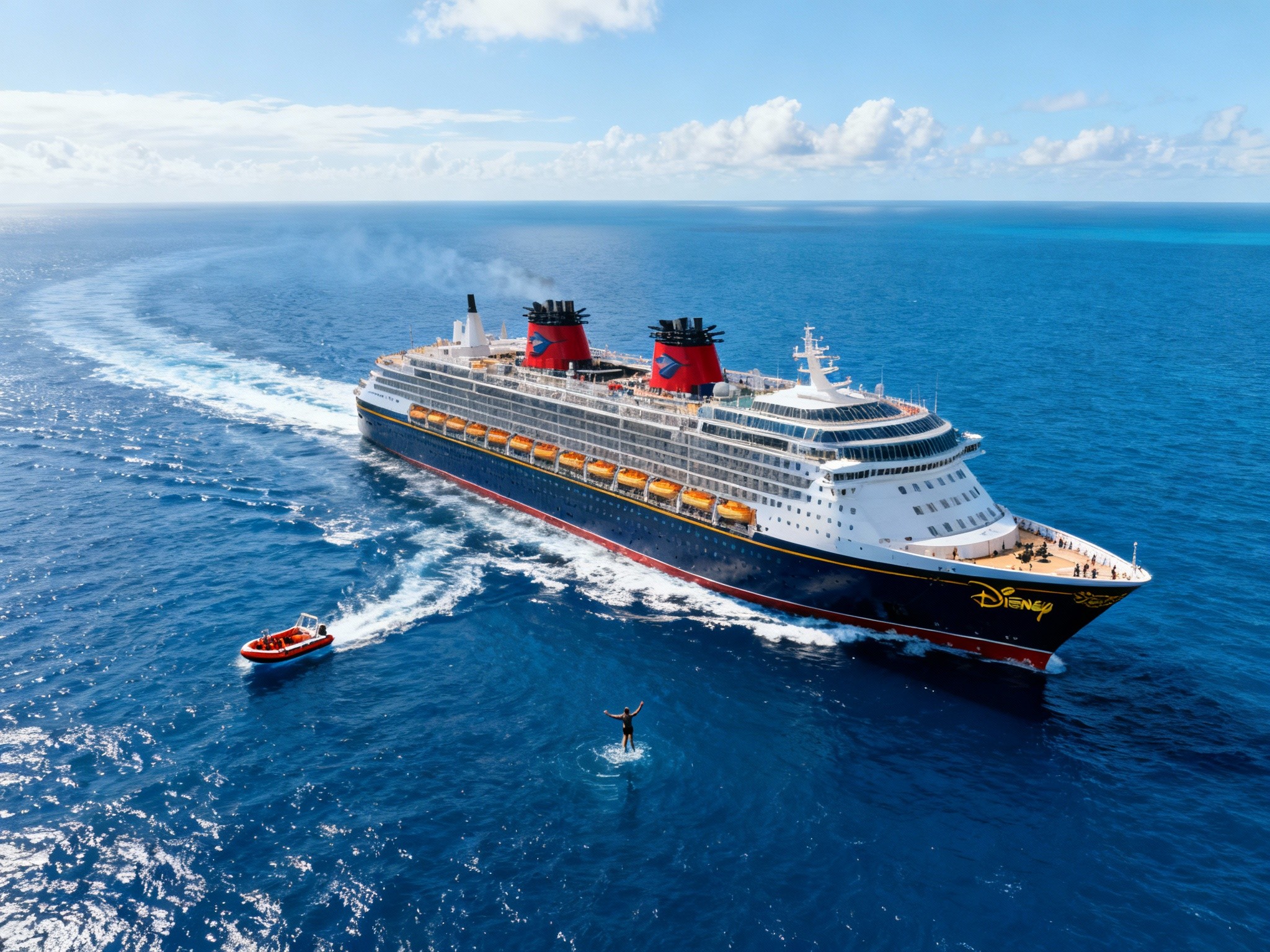 An editorial style daytime aerial photograph showing a Disney cruise ship surrounded by a lifeboat
