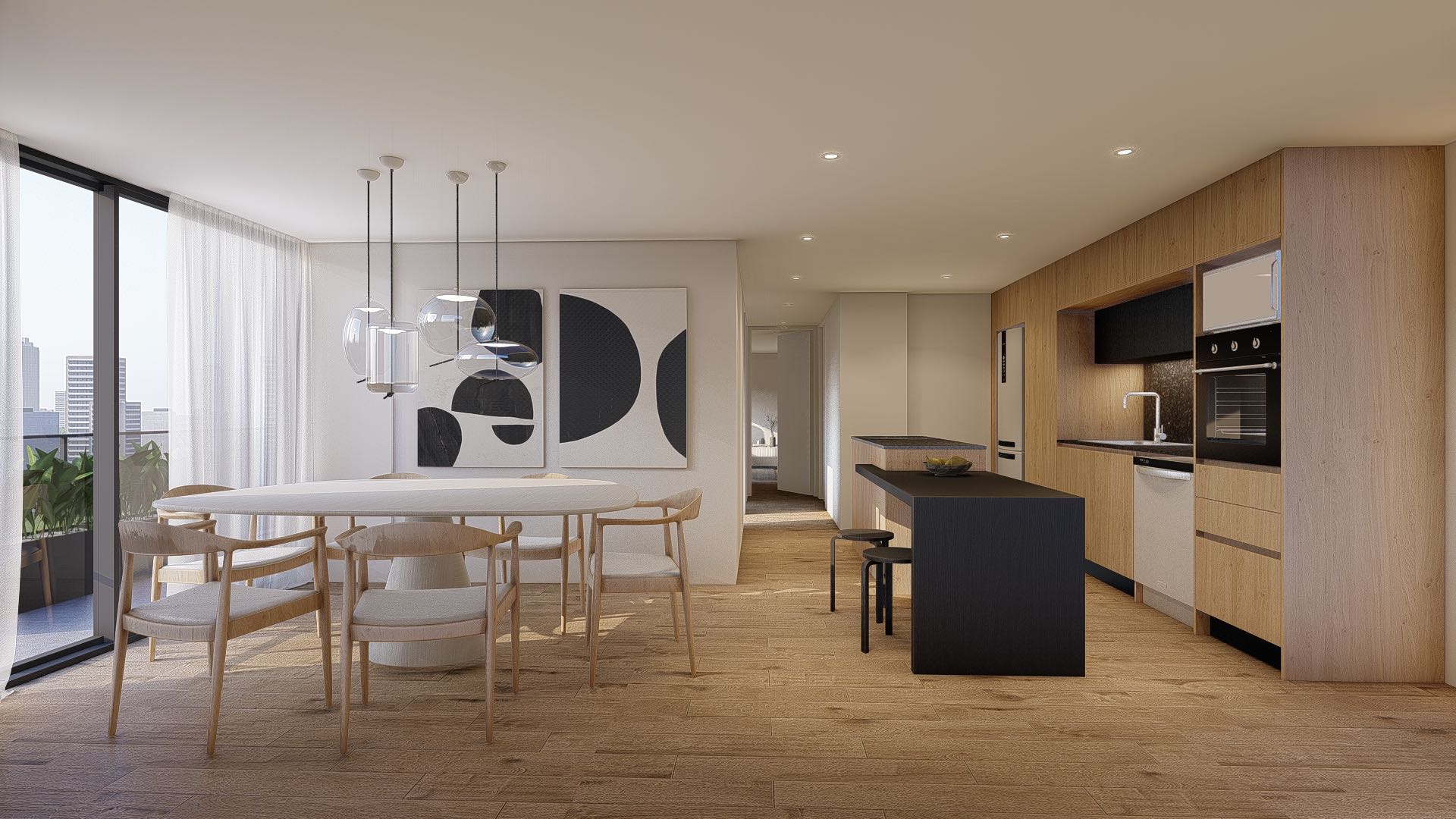 Comedor con cocina integrada, diseño contemporáneo y vista abierta en edificio de Núñez