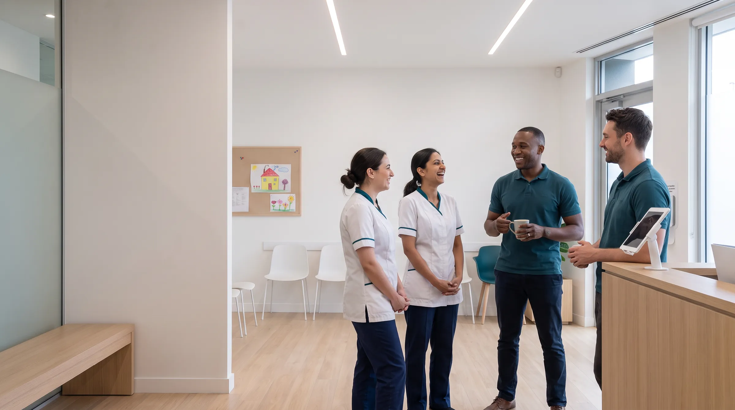 Four Halden clinicians talking together in reception at the end of the day
