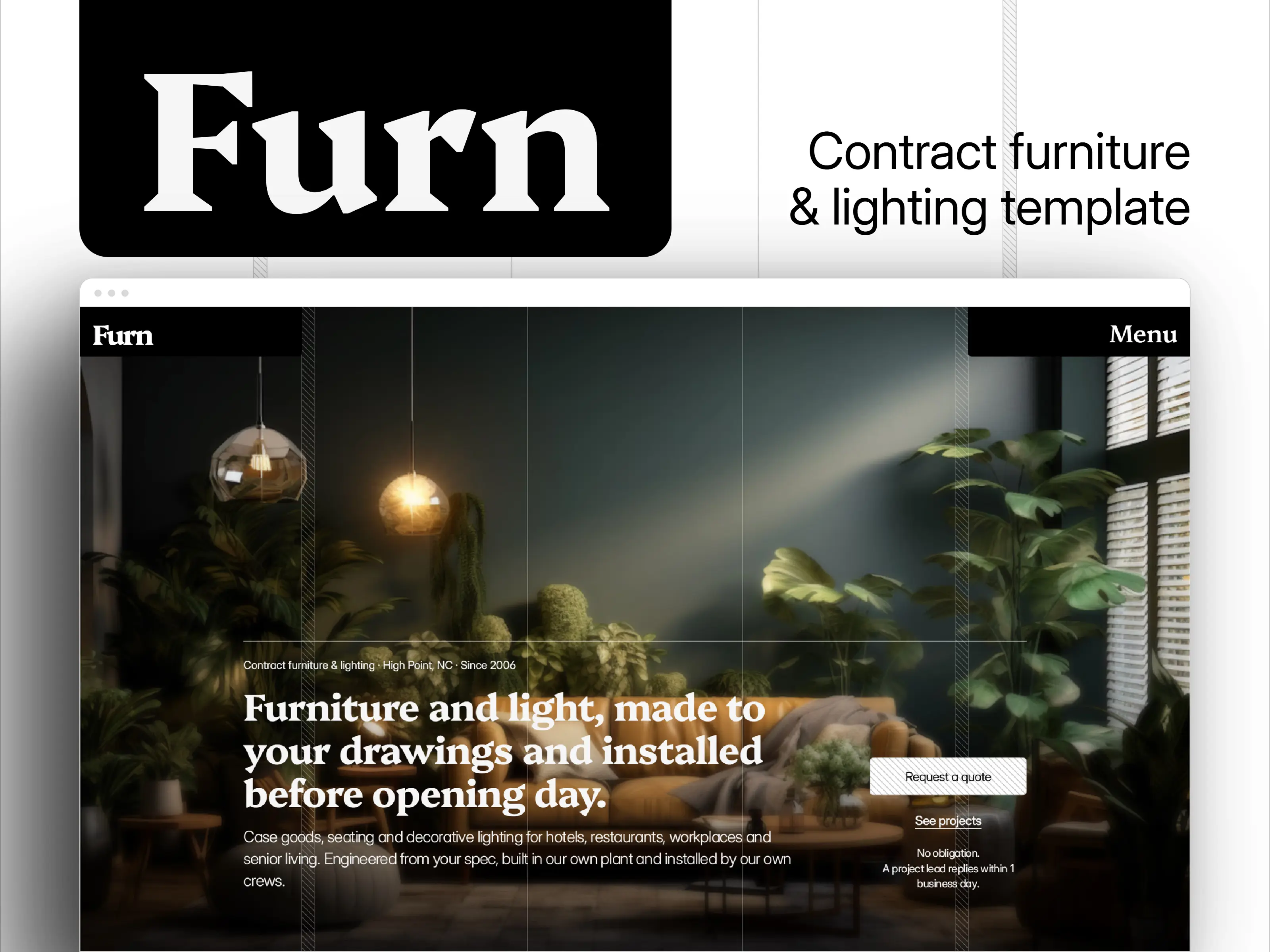 Furn Framer template preview: contract furniture and lighting website