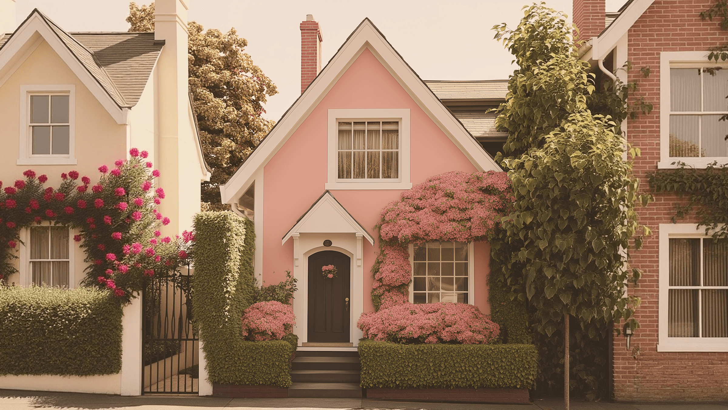A charming pink house adorned with blooming flowers and greenery, surrounded by other quaint homes.