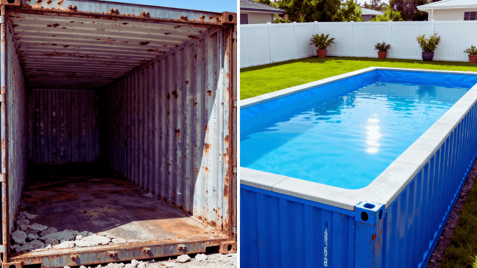 Comparison of an untreated steel shipping container interior versus a fully lined swimming pool