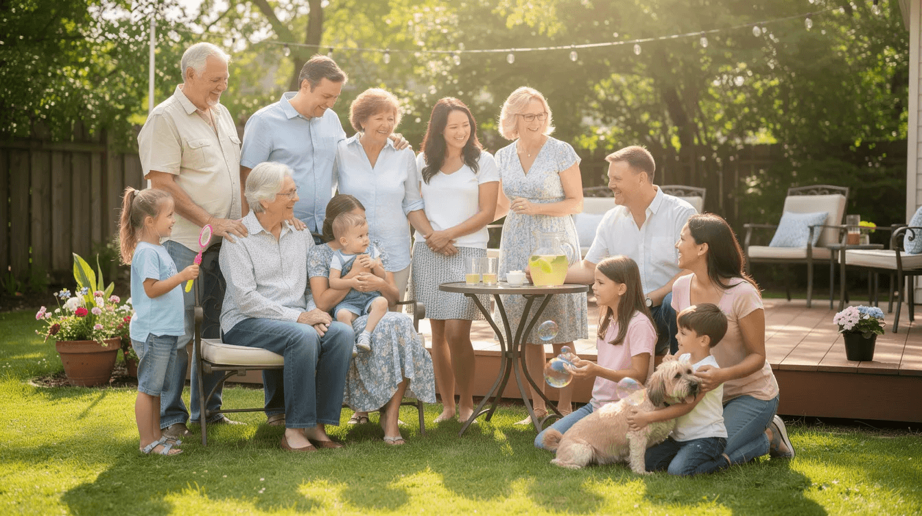 A multi-generational family is gathered together outdoors in a sunny backyard, enjoying a joyful moment that highlights the importance of family wealth and connections. This scene reflects the potential for transferring wealth through tax-efficient gifting strategies, such as utilizing the annual gift tax exclusion to support medical expenses and children's education.