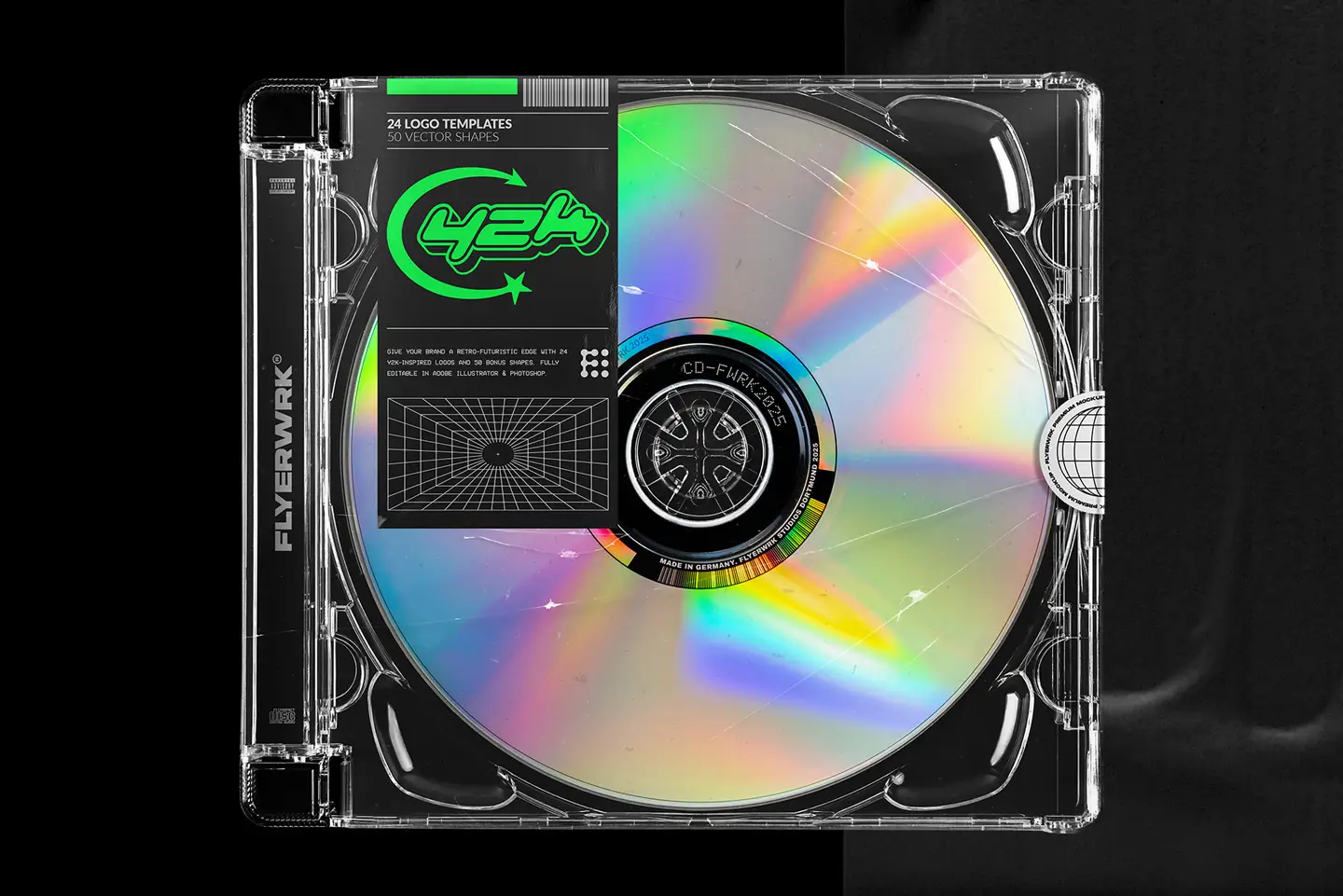 Y2K logotype bundle graphics used on a vintage CD jewel case mockup with holographic textures