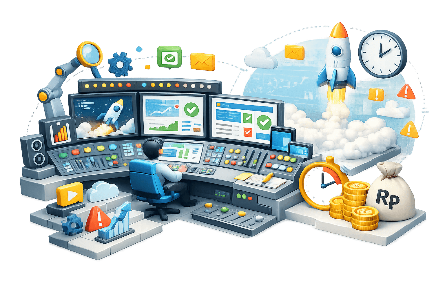 Ilustrasi AI‑driven operations control, acceleration, dan value realization. Seorang operator duduk di control room dengan multi‑monitor dashboard yang menampilkan grafik kinerja, status validasi (centang hijau), dan alert (ikon peringatan). Di kanan, roket lepas landas dari awan melambangkan percepatan eksekusi, berdampingan dengan jam (SLA/waktu) dan koin serta kantong Rp (nilai finansial). Di sekeliling panel terlihat ikon email/notifikasi, cloud, gear/otomasi, dan approval, menggambarkan orkestrasi end‑to‑end: monitoring real‑time, validasi, otomasi, dan konversi insight menjadi hasil bisnis.