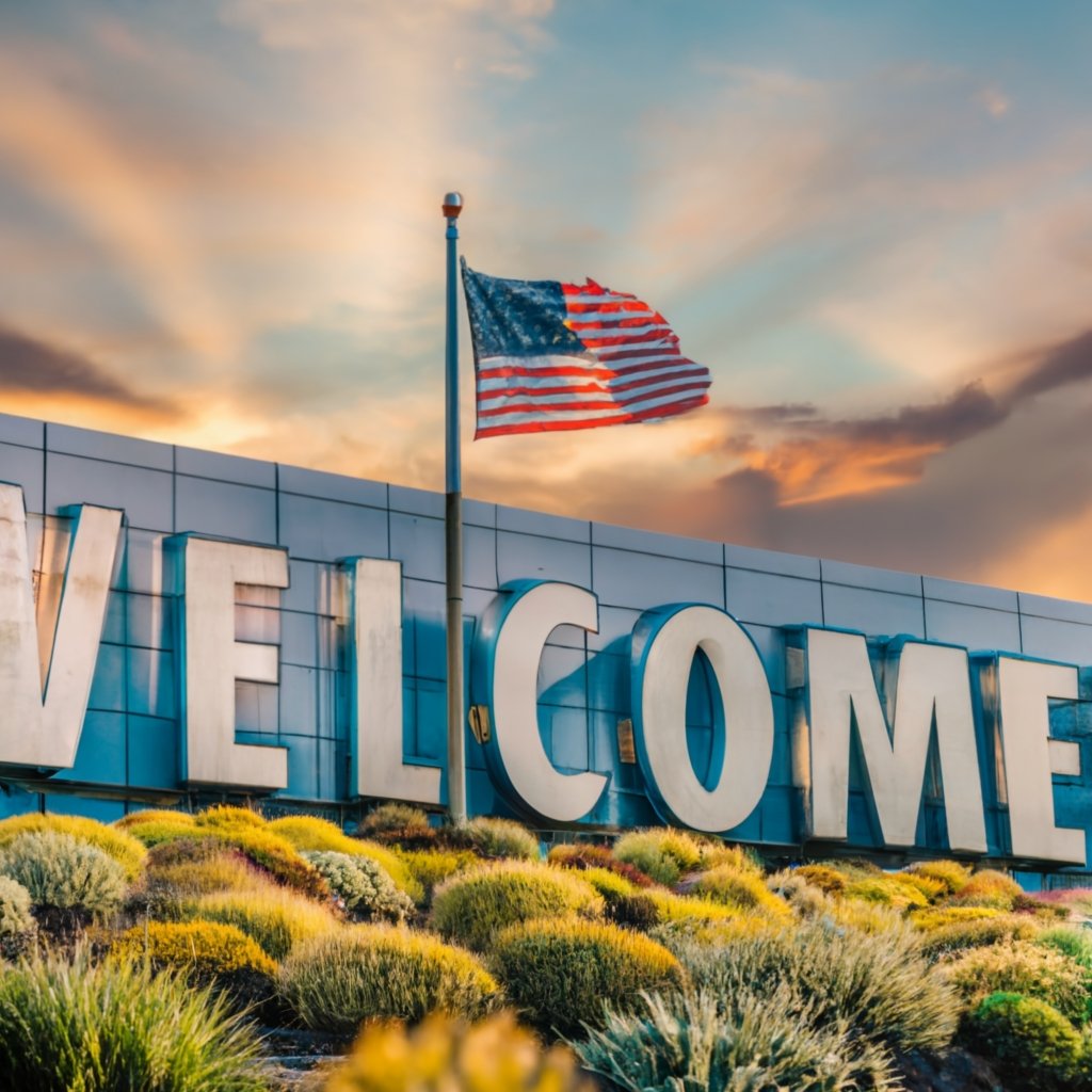 Welcome sign at U.S. airport symbolizing the start of the American Dream.