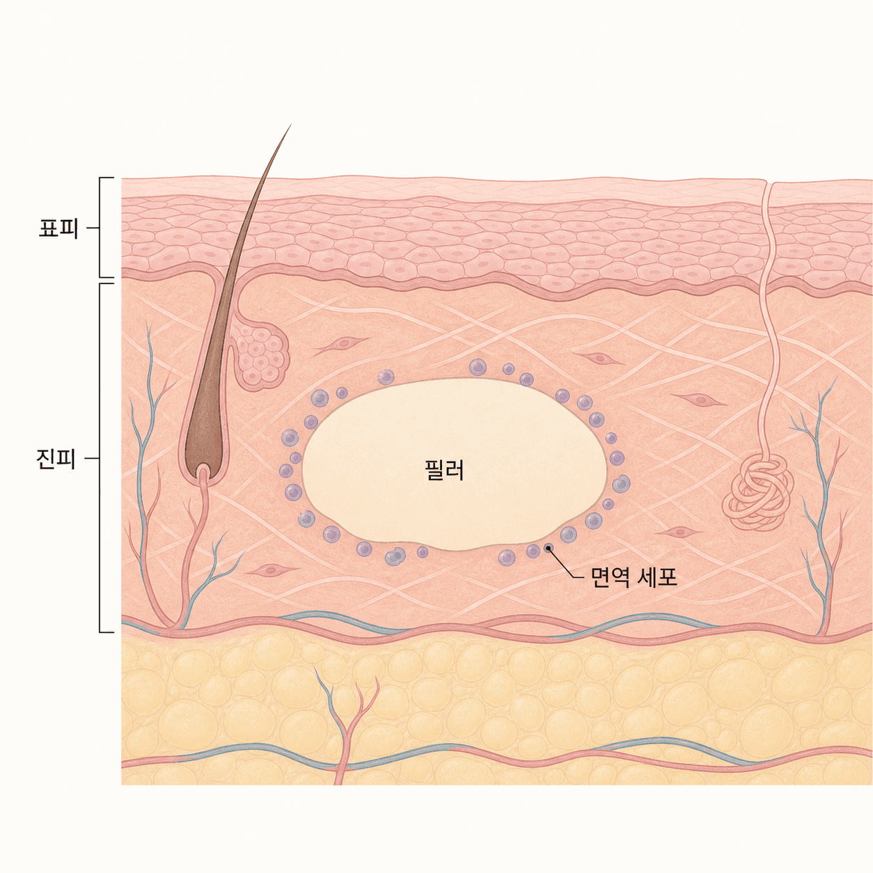 자리 잡은 필러와 그 주변에 모이는 면역 세포