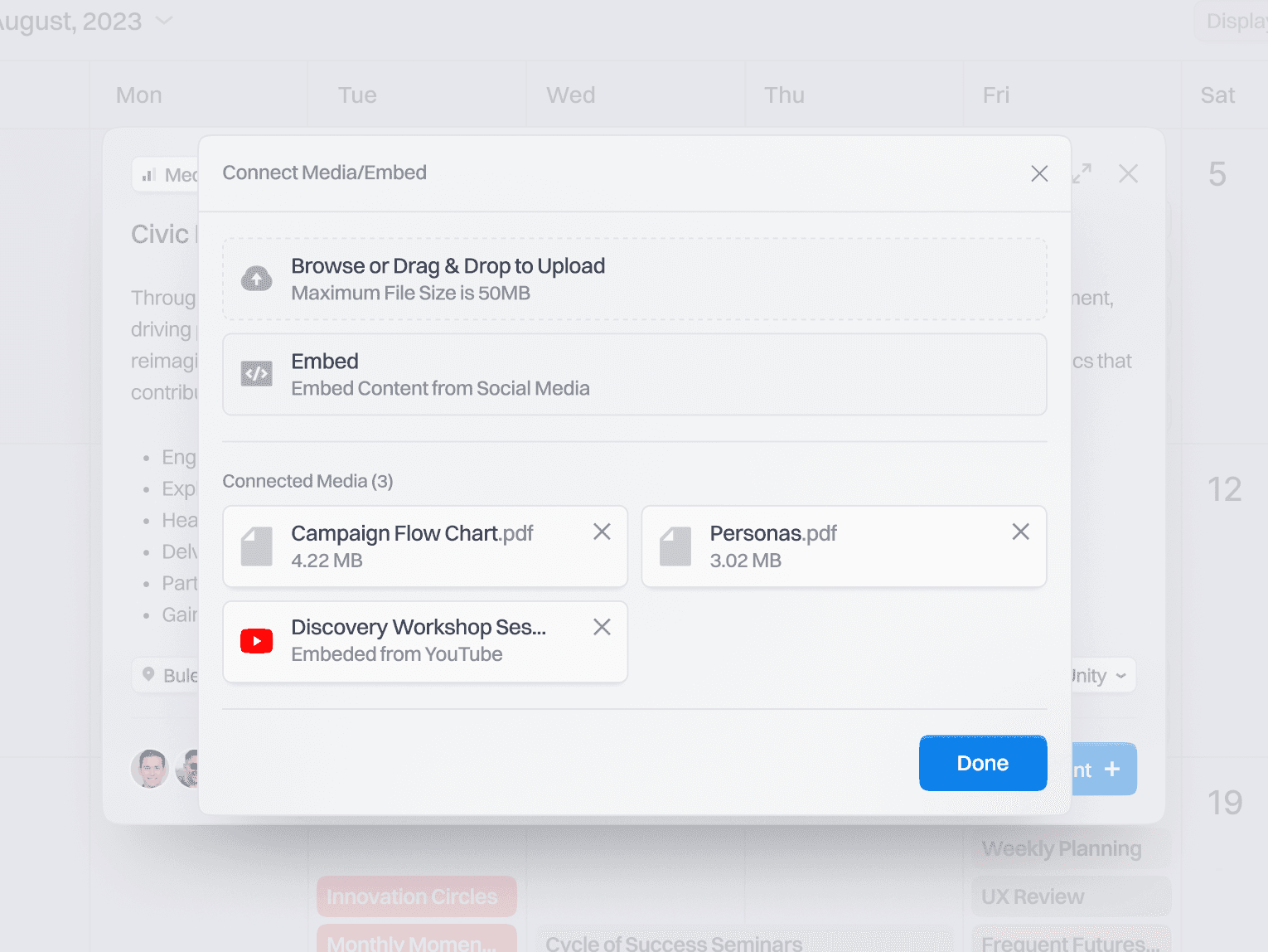 planbeacon event creation ui date selection media connection/embed
