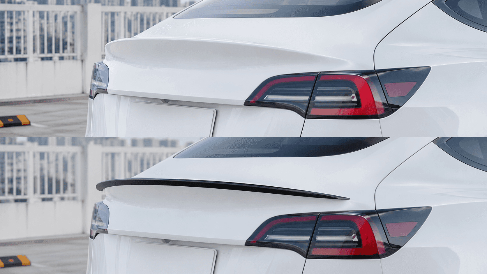 Tesla rear spoiler before after Plaid style trunk tail comparison Thailand