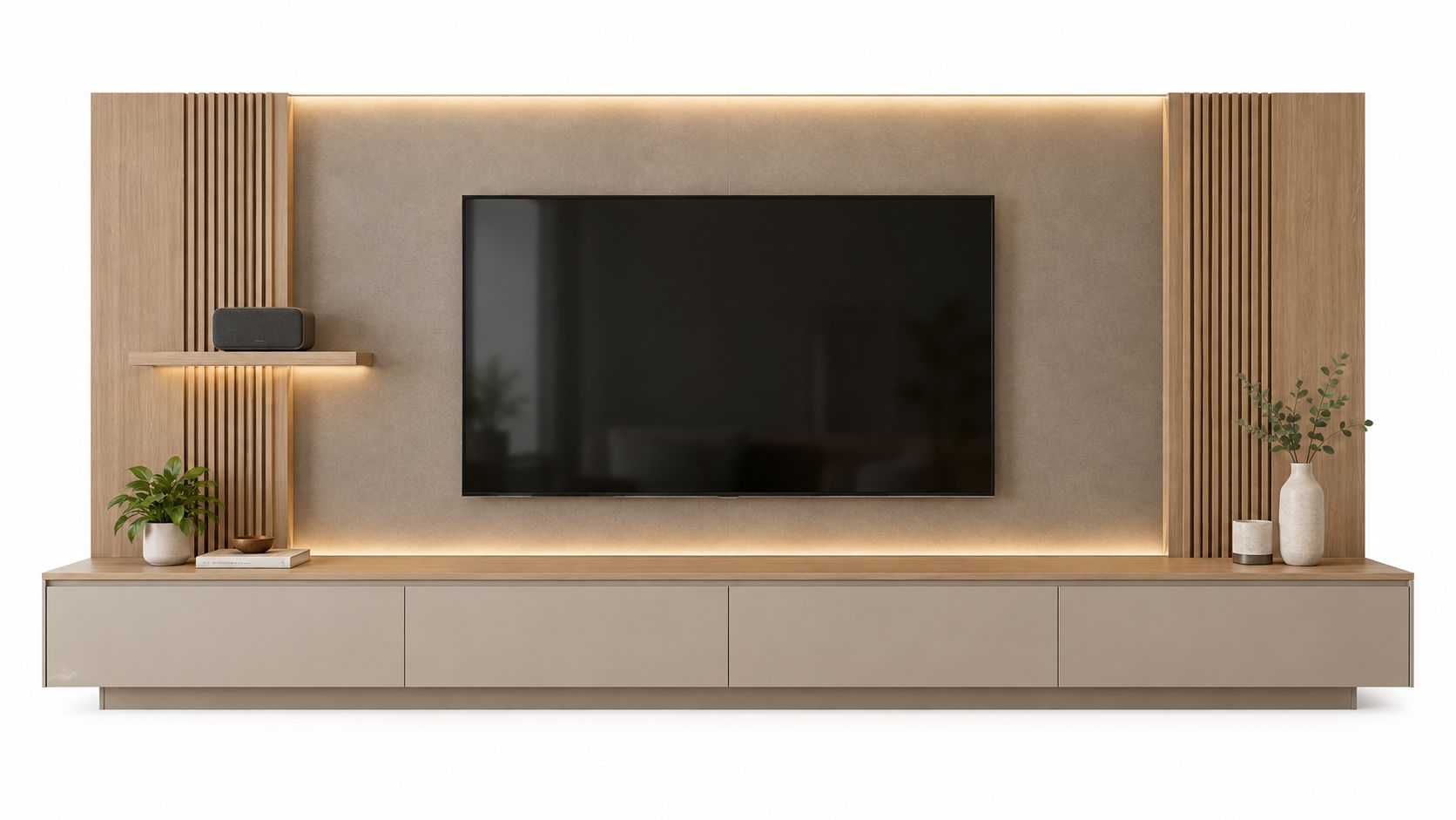 A modern media console with a wall-mounted TV featuring wood paneling, ambient LED lighting, and minimalist decor.