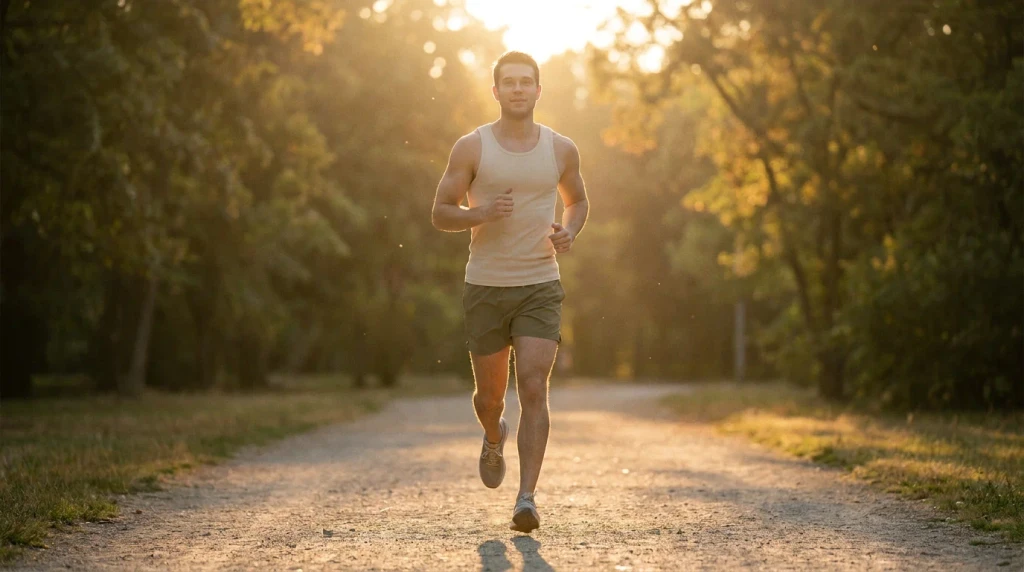 Mann joggt bei Sonnenaufgang auf einem Waldweg