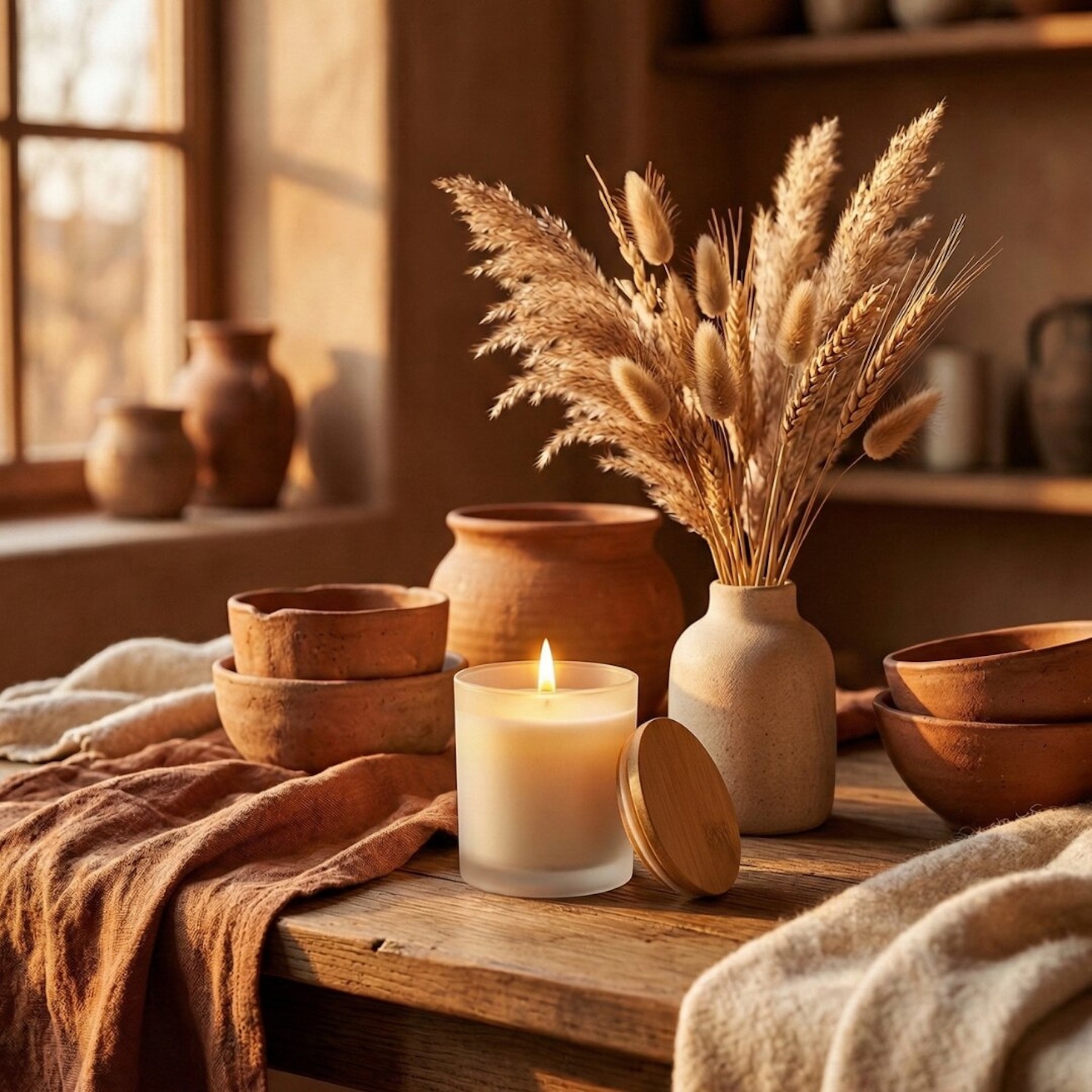 Frosted candle surrounded by dried grasses and rustic pottery in a warm, cozy farmhouse setting.