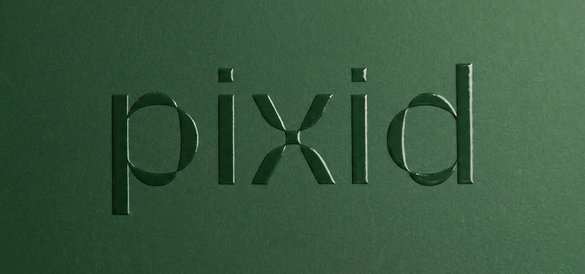 Pixid hero — embossed logotype on deep green texture, brand identity redesign for French HR SaaS platform