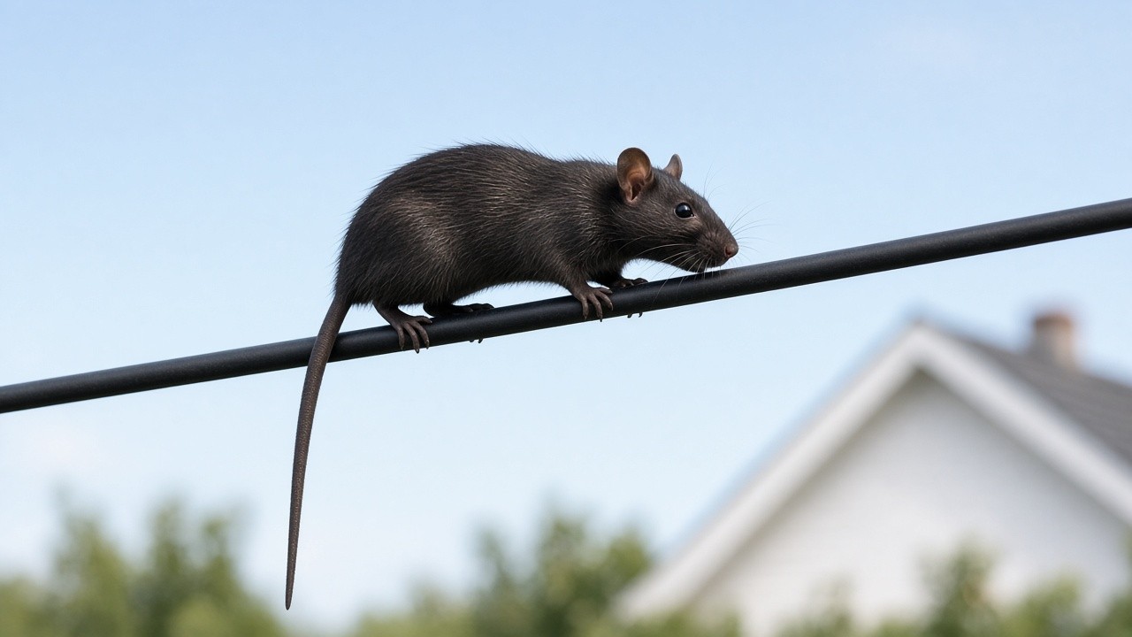 Wild roof rat balancing on an overhead utility line near a rooftop, showing how roof rats reach and damage McKinney, TX homes