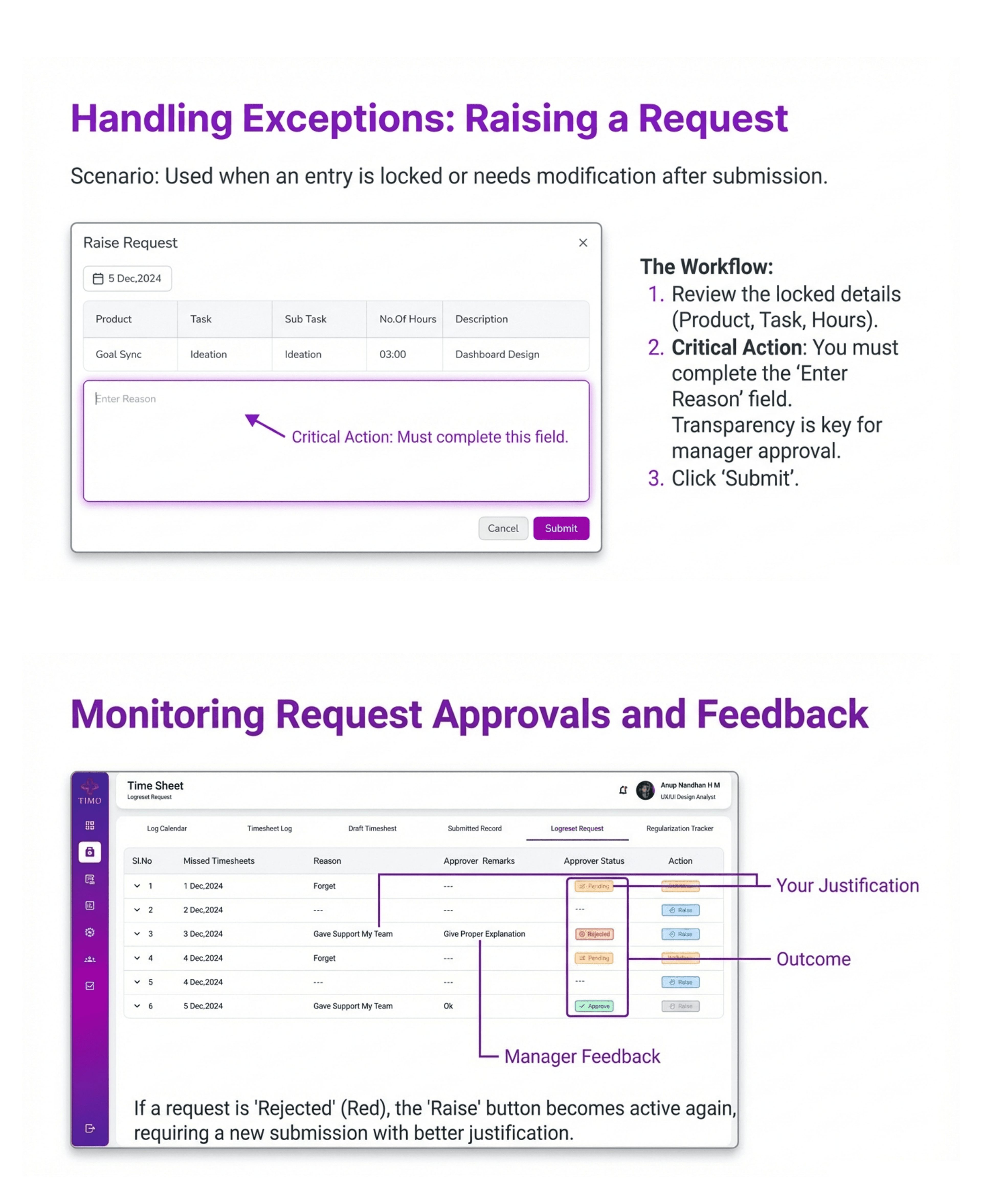 “Editable draft timesheet interface enabling employees to review, modify, filter, and submit multiple task entries efficiently.”