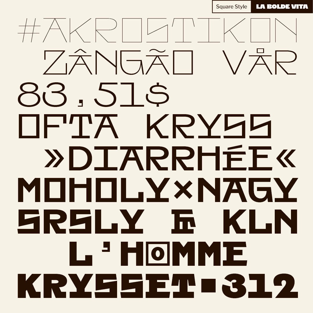 the square style of Swono in a blocky layout showing off some special characters and opentype features